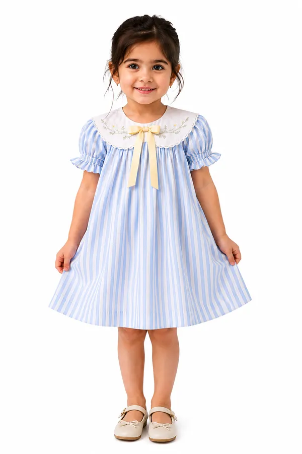 Blue_Striped_Collared_Dress_for_Girls_with_Puffed_Sleeves_and_Bow_Detail