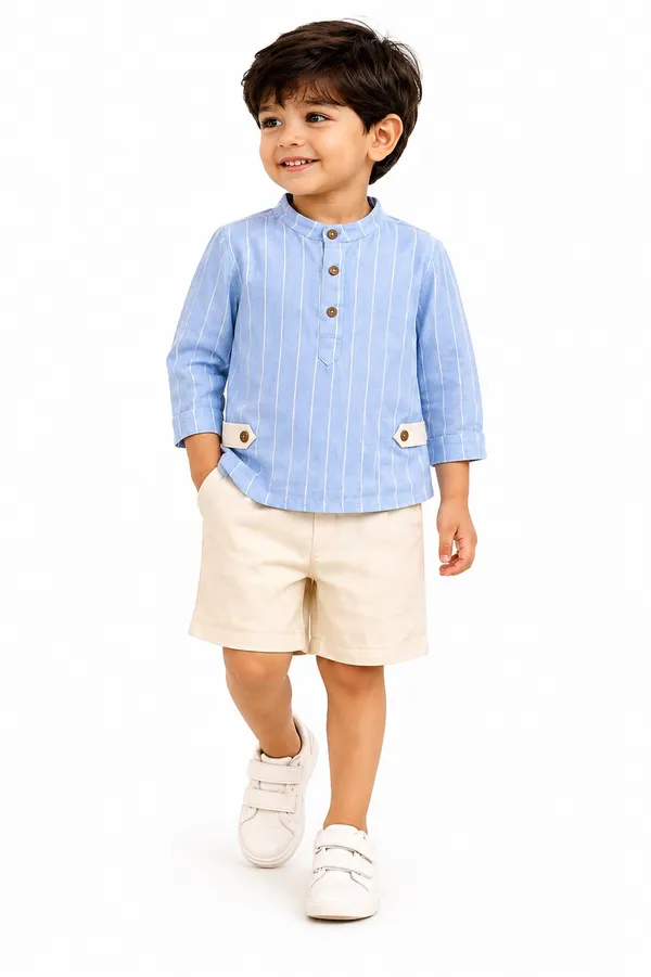 Boys_Blue_Striped_Henley_T-Shirt_and_Brown_Shorts_Set
