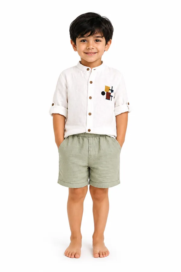 Boys_White_Shirt_with_Geometric_Pocket_Detail_and_Sage_Green_Shorts_Set