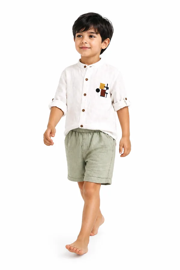 Boys_White_Shirt_with_Geometric_Pocket_Detail_and_Sage_Green_Shorts_Set