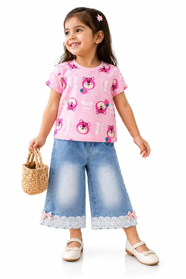 Girls'_Pink_Bear_T-Shirt_and_Lace-Trim_Denim_Jeans_Set