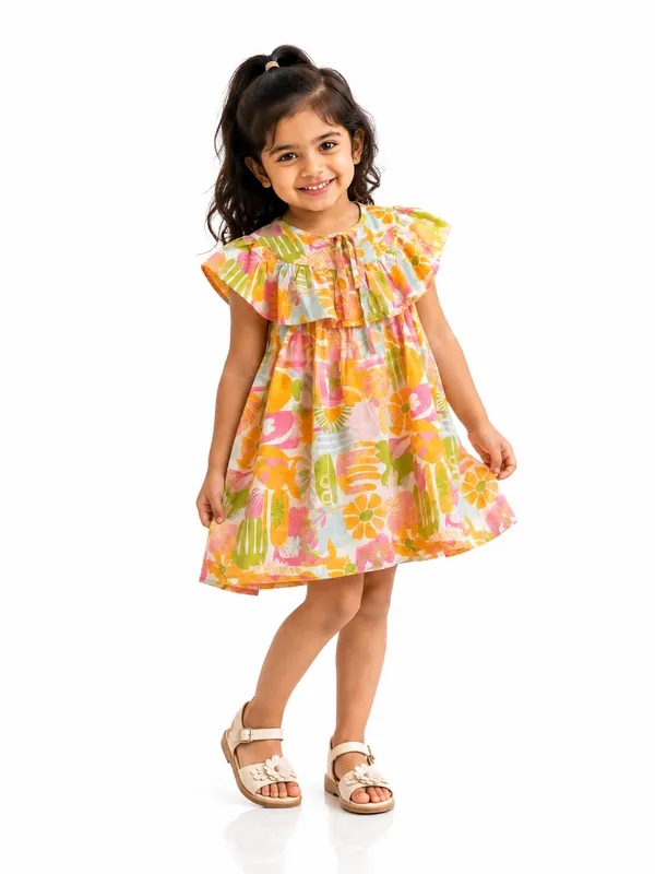 Girls_Yellow_Floral_Print_Dress_with_Ruffle_Collar_and_Bow