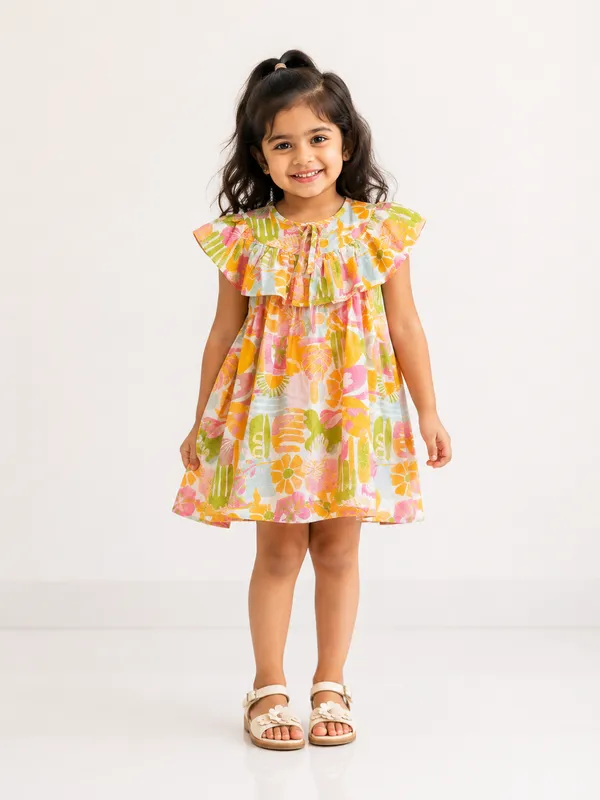 Girls_Yellow_Floral_Print_Dress_with_Ruffle_Collar_and_Bow