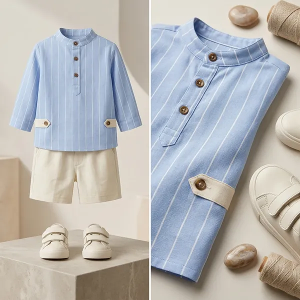 Boys_Blue_Striped_Henley_T-Shirt_and_Brown_Shorts_Set