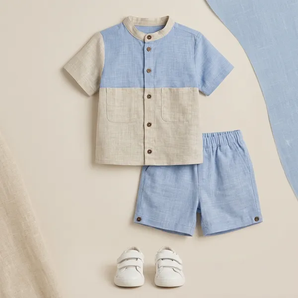 Boys_Blue_And_Beige_Color_Block_Shirt_and_Shorts_Set