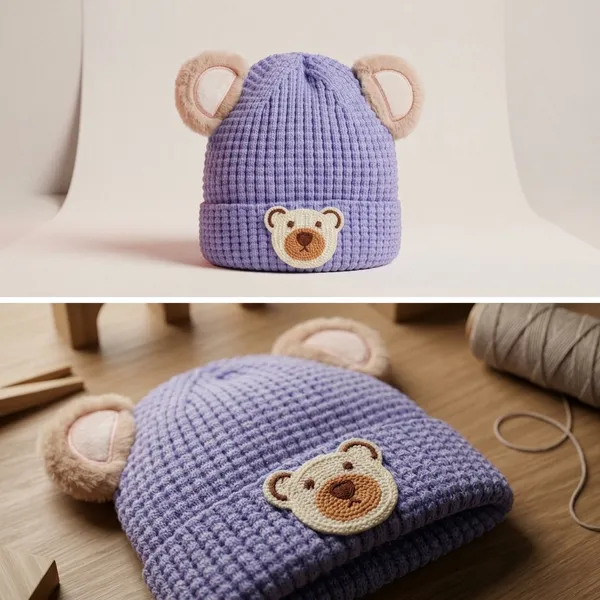 Adorable_Baby_Knit_Hat_With_Teddy_Bear_Design_Purple