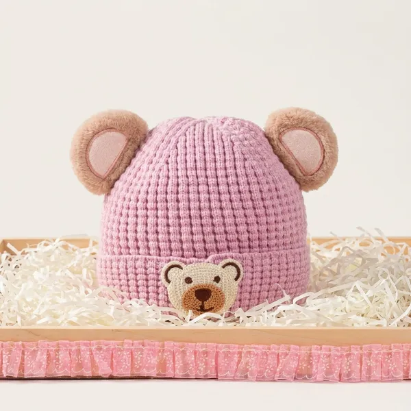 Adorable_Baby_Knit_Hat_With_Teddy_Bear_Design_Pink