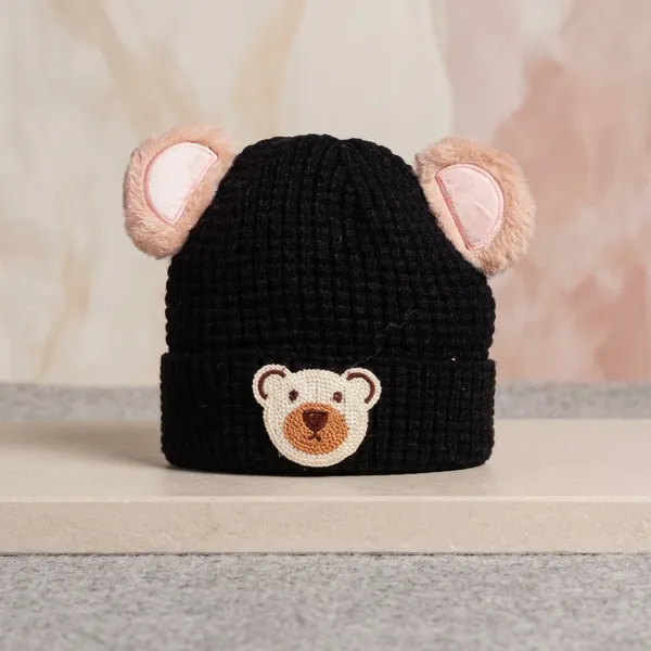 Adorable_Baby_Knit_Hat_With_Teddy_Bear_Design_Black