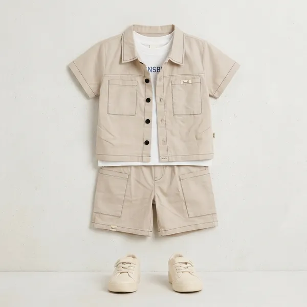 Boys_Cotton_Shirt_Shorts_Clothing_Set_With_Inner_T_Shirt_Half_Sleeve_Summer_Outfit_Casual_Kids_Co_Ord_Set_Beige