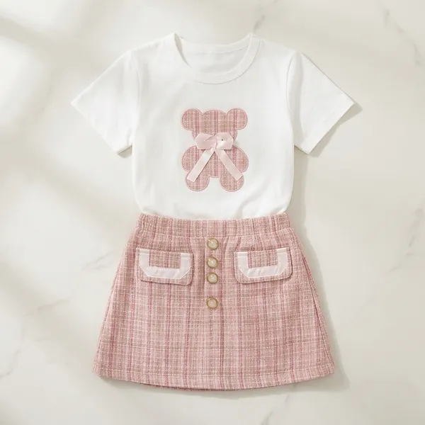 Girls_Teddy_Print_T_Shirt_And_Tweed_Skirt_Set_Cute_Summer_Co_Ord_Outfit_For_Kids_Stylish_2_Piece_Clothing_Set_Pink