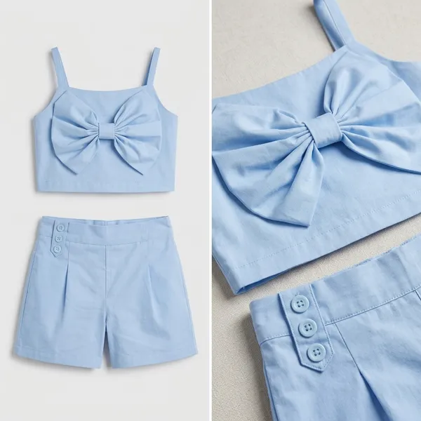 Girls_Bow_Crop_Top_And_Shorts_Set_Cute_Summer_Co_Ord_Outfit_For_Kids_Stylish_Casual_2_Piece_Clothing_Set_Blue