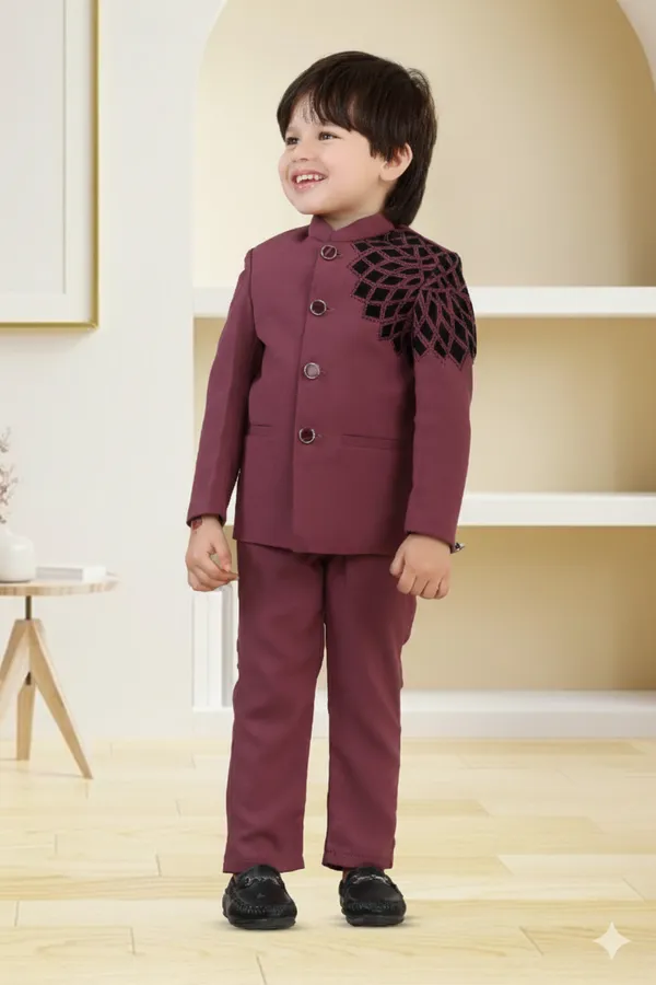 Wine_Polyester_Blend_Coat_Suit_For_Kids