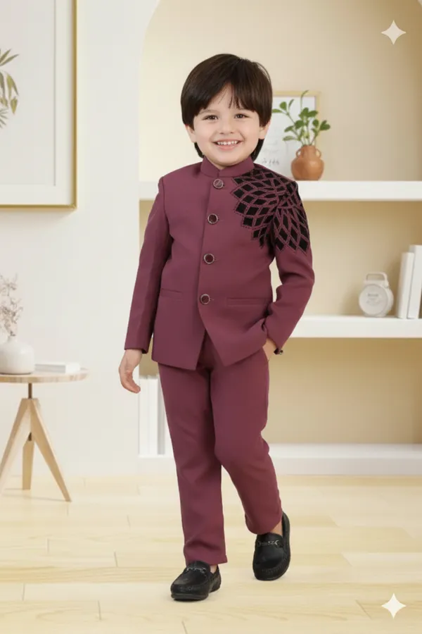 Wine_Polyester_Blend_Coat_Suit_For_Kids