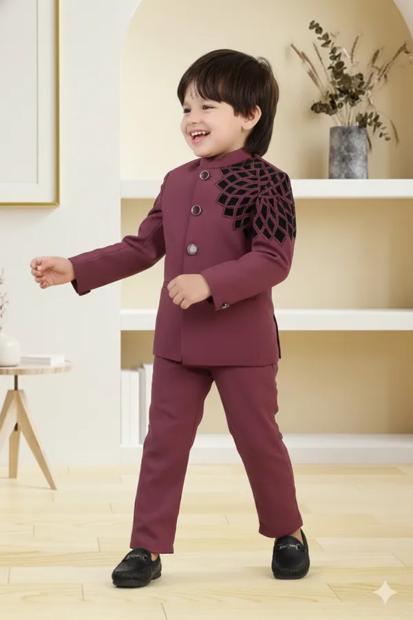Wine_Polyester_Blend_Coat_Suit_For_Kids