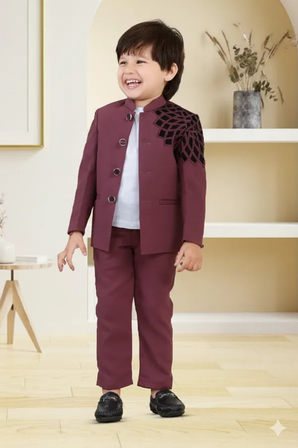 Wine_Polyester_Blend_Coat_Suit_For_Kids