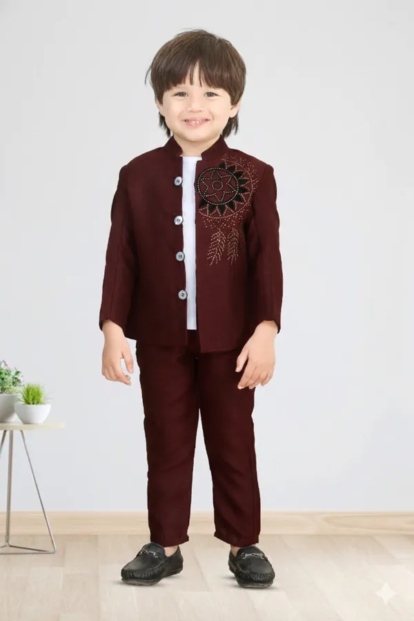 Wine_Polyester_Blend_Coat_Suit_For_Kids