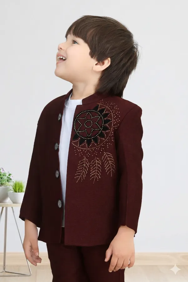 Wine_Polyester_Blend_Coat_Suit_For_Kids