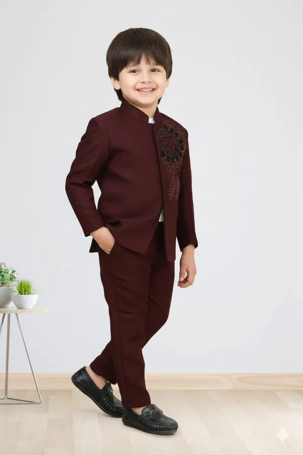 Wine_Polyester_Blend_Coat_Suit_For_Kids