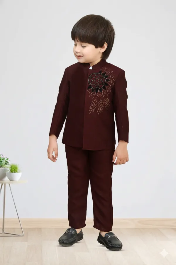 Wine_Polyester_Blend_Coat_Suit_For_Kids