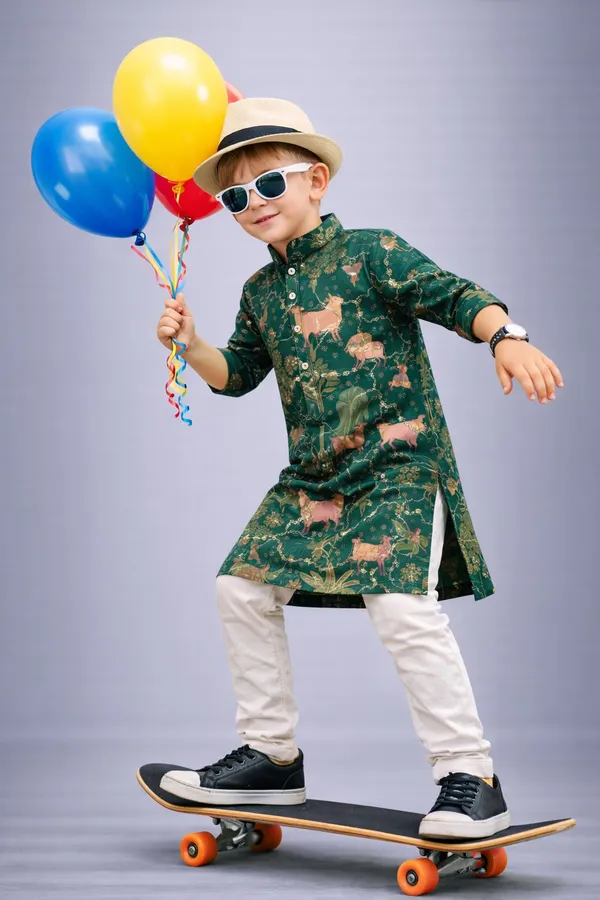 Green_Animal_Print_Traditional_Ethnic_Kurta_With_White_Pants_For_Boys