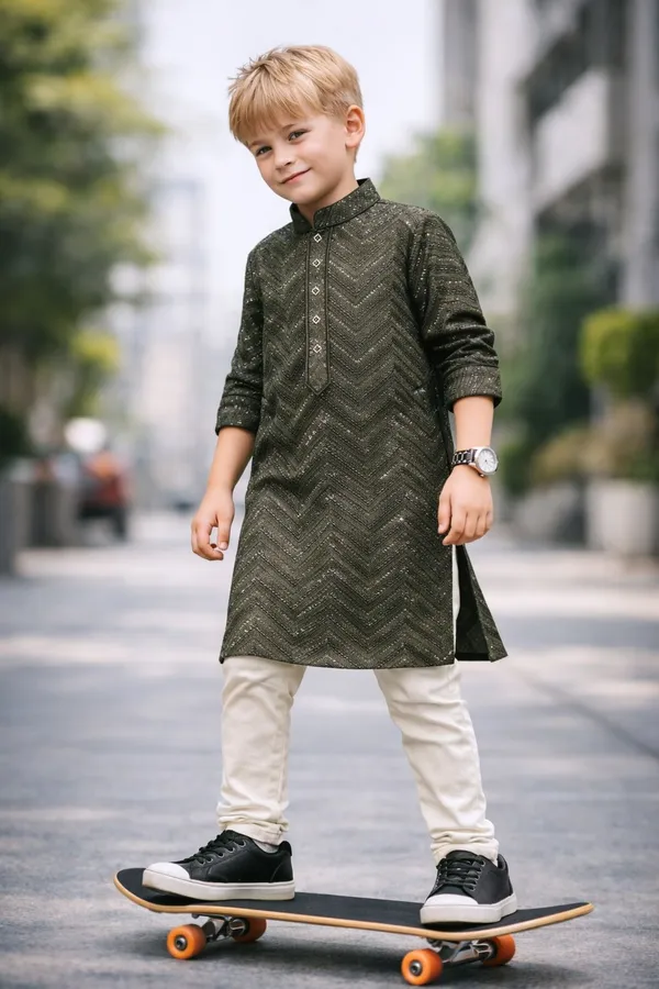 Boys_Olive_Green_Ethnic_Kurta_Set_With_Cream_Pajama
