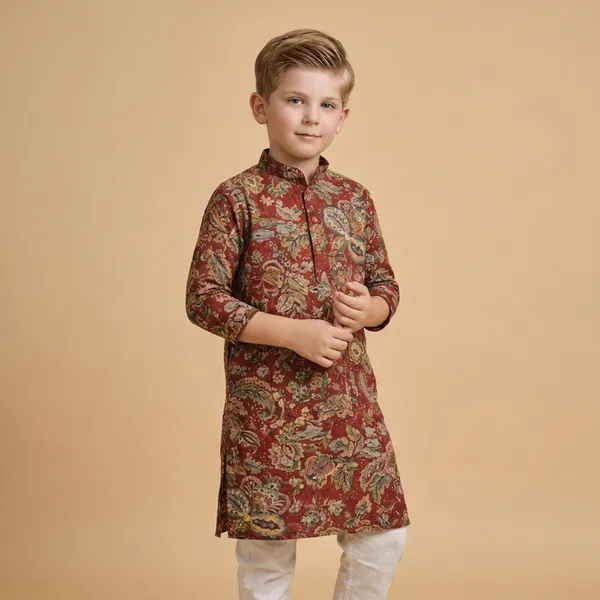 Boys_Maroon_Printed_Kurta_With_White_Churidar_Traditional_Ethnic_Wear_Set