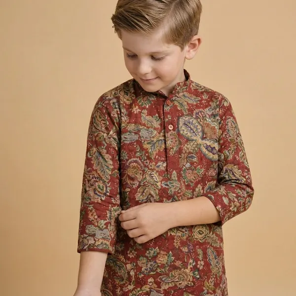 Boys_Maroon_Printed_Kurta_With_White_Churidar_Traditional_Ethnic_Wear_Set