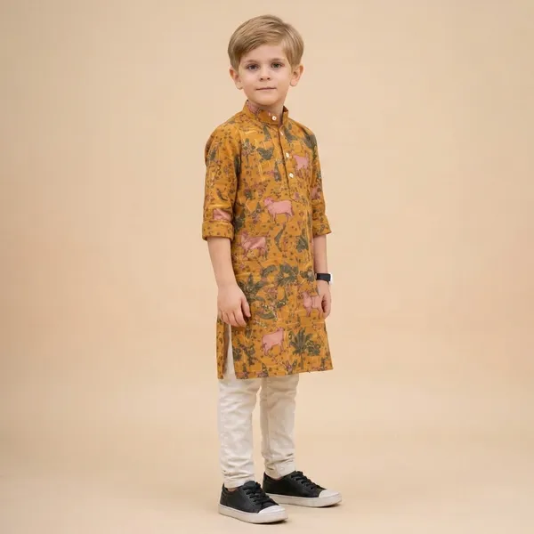 Kids_Mustard_Yellow_Floral_Print_Kurta