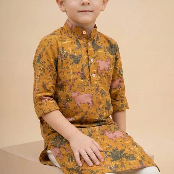 Kids_Mustard_Yellow_Floral_Print_Kurta
