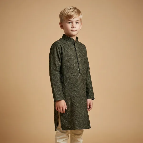 Boys_Olive_Green_Ethnic_Kurta_Set_With_Cream_Pajama