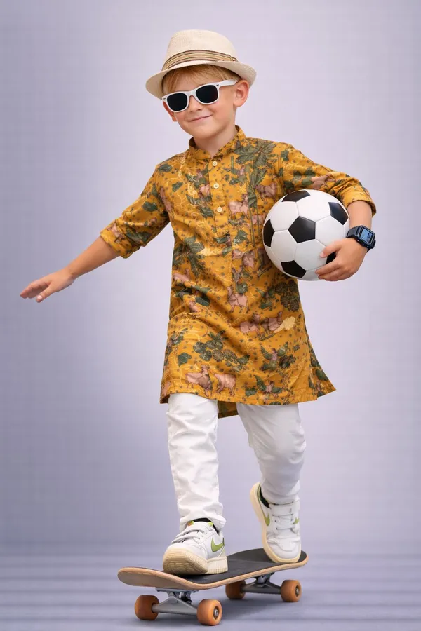 Boys_Mustard_Yellow_Floral_Kurta_Set_With_White_Pants