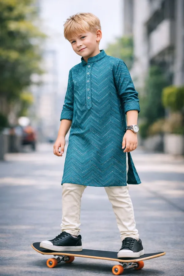 Boys_Teal_Blue_Chevron_Pattern_Kurta_With_Cream_Churidar_Set