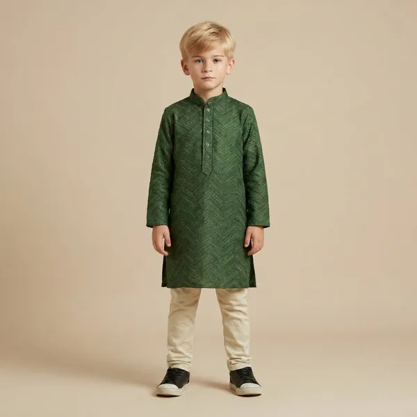 Boys_Green_Ethnic_Kurta_Set_With_Cream_Churidar