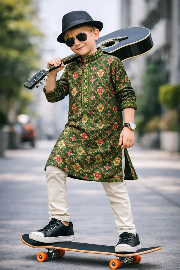 Ethnic_Floral_Green_Kurta_With_Beige_Pants_For_Boys