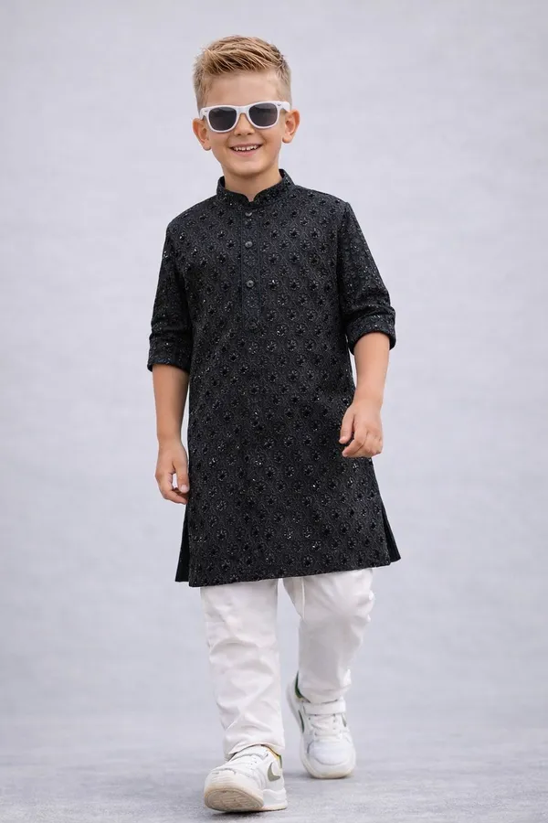 Boys_Black_Embellished_Kurta_Pajama_Set_With_White_Bottom