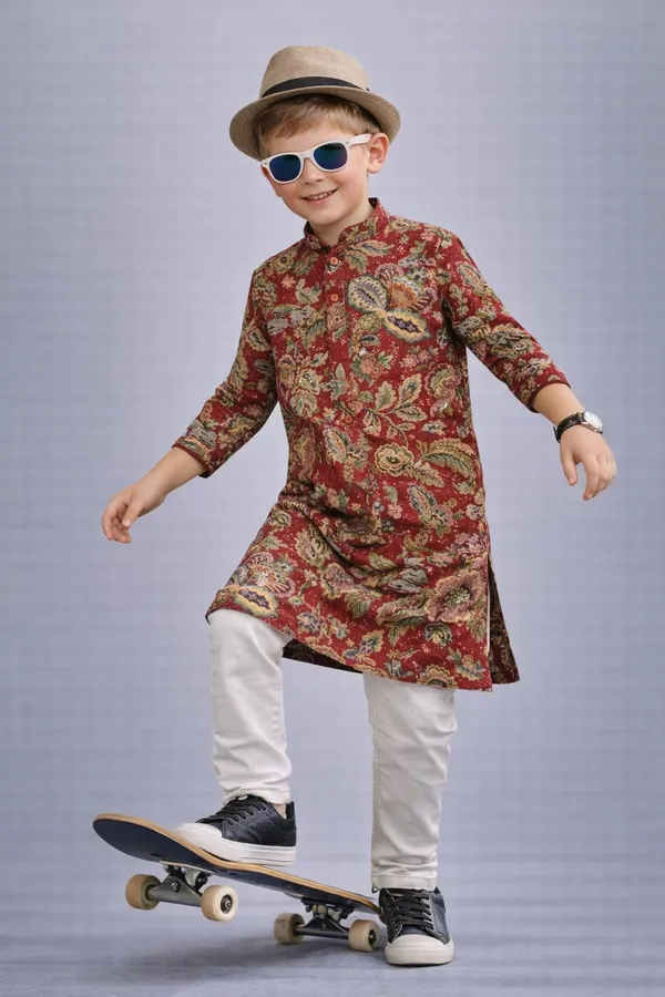 Boys_Maroon_Printed_Kurta_With_White_Churidar_Traditional_Ethnic_Wear_Set