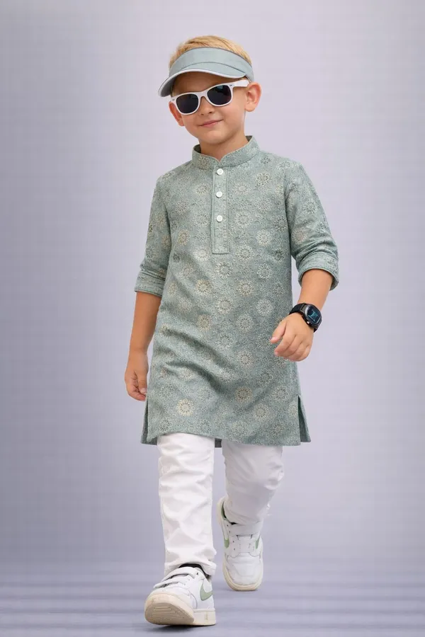Boys_Ethnic_Kurta_Set_Green_Floral_Print_With_White_Pajama