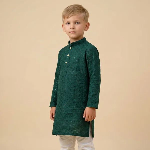 Boys_Dark_Green_Textured_Kurta_Pajama_Set
