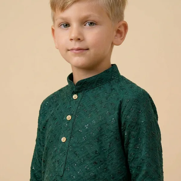 Boys_Dark_Green_Textured_Kurta_Pajama_Set
