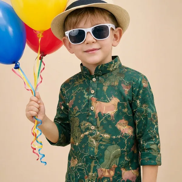Green_Animal_Print_Traditional_Ethnic_Kurta_With_White_Pants_For_Boys