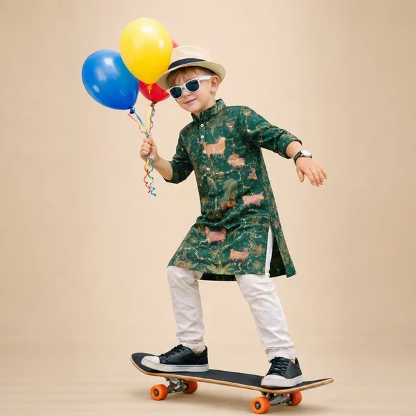Green_Animal_Print_Traditional_Ethnic_Kurta_With_White_Pants_For_Boys