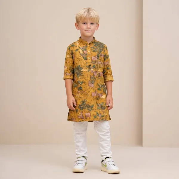 Boys_Mustard_Yellow_Floral_Kurta_Set_With_White_Pants
