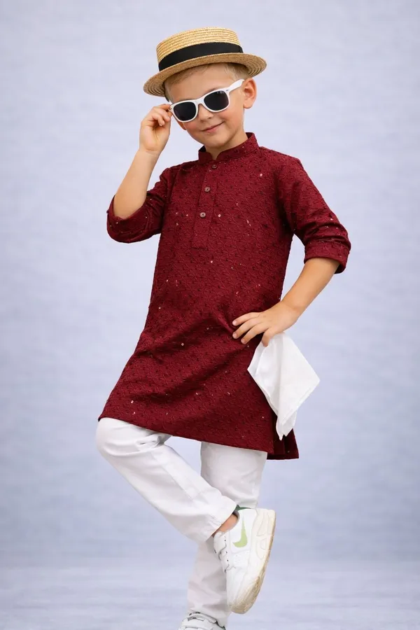 Boys_Maroon_Ethnic_Kurta_With_White_Pajama_Set