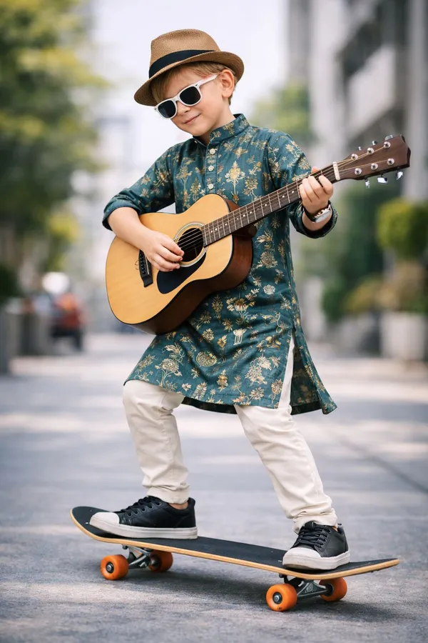 Kids_Stylish_Kurta_Set_Teal_Floral_Print