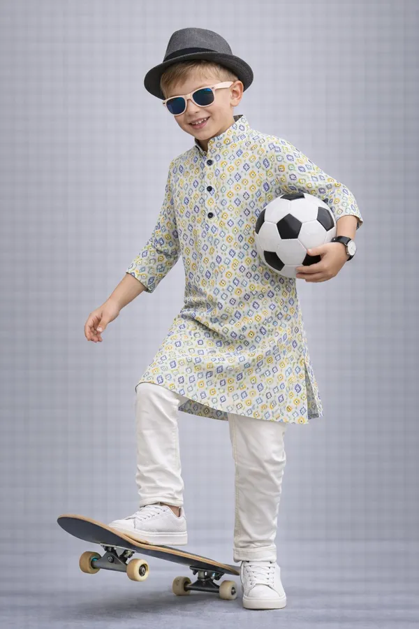 Boys_Ethnic_Kurta_Pajama_Set_With_Geometric_Print_Yellow_And_Grey