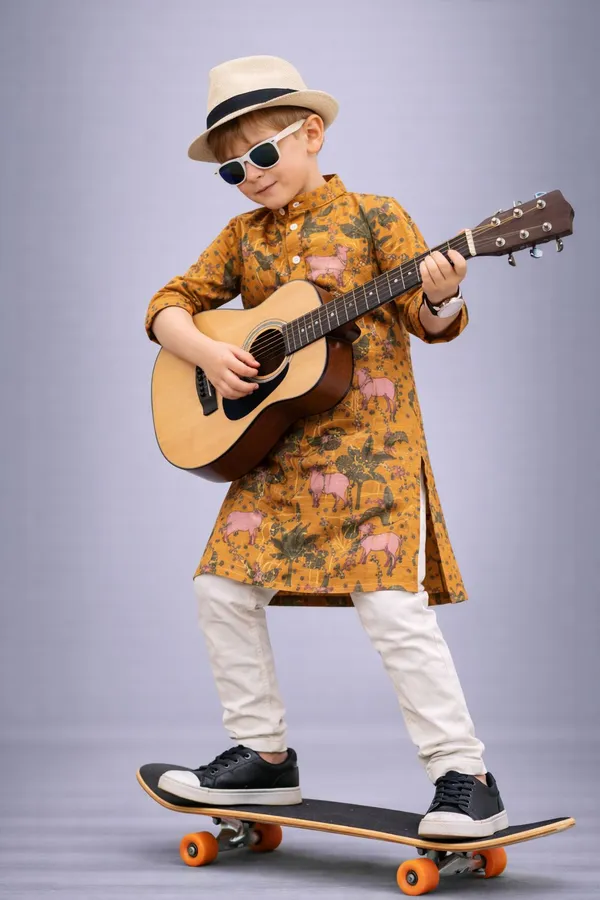 Kids_Mustard_Yellow_Floral_Print_Kurta