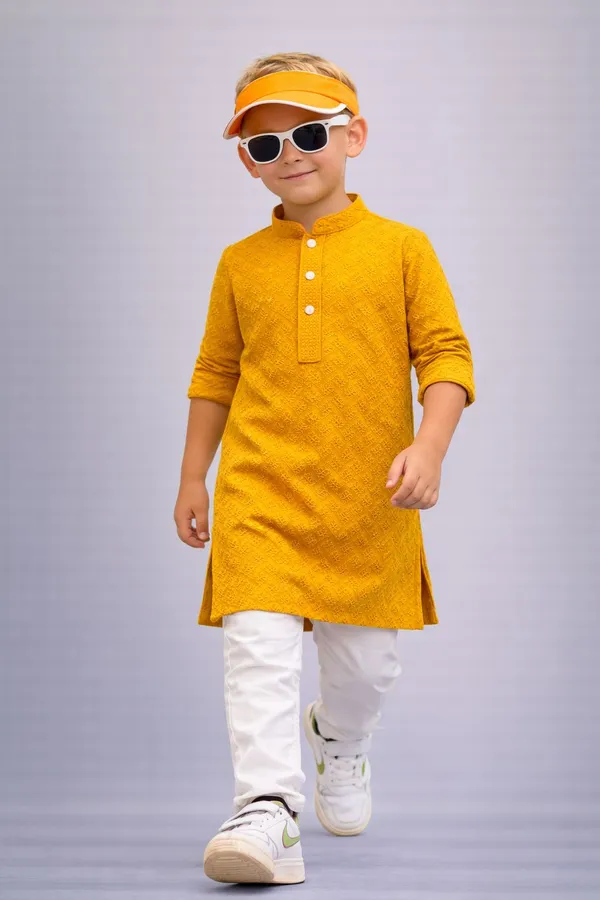 Boys_Yellow_Embroidered_Kurta_With_White_Pajama_Set