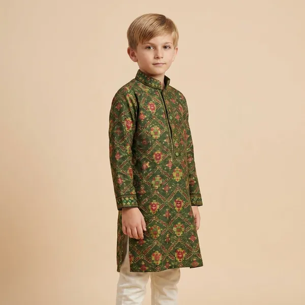 Ethnic_Floral_Green_Kurta_With_Beige_Pants_For_Boys