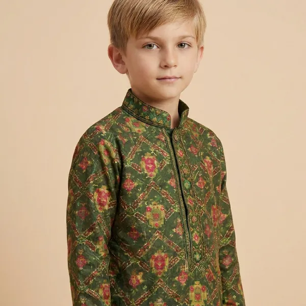 Ethnic_Floral_Green_Kurta_With_Beige_Pants_For_Boys