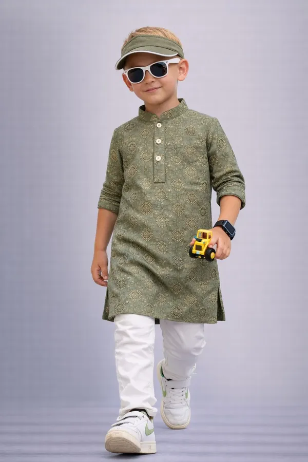 Boys_Olive_Green_Printed_Kurta_Set_With_White_Pajama